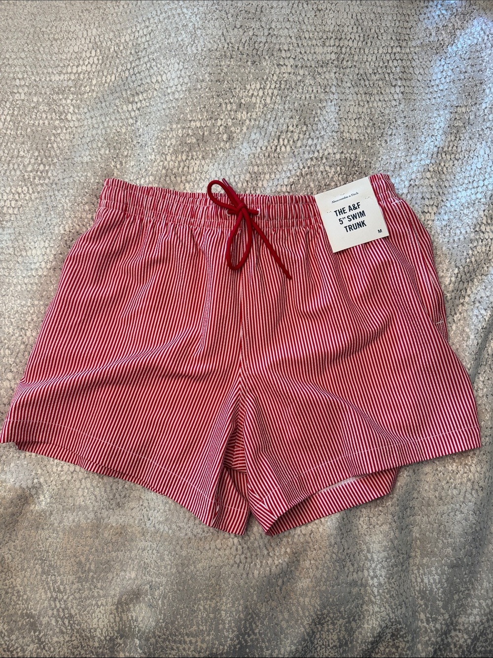 Abercrombie & Fitch Red and White Striped Pull-On Swim Trunk